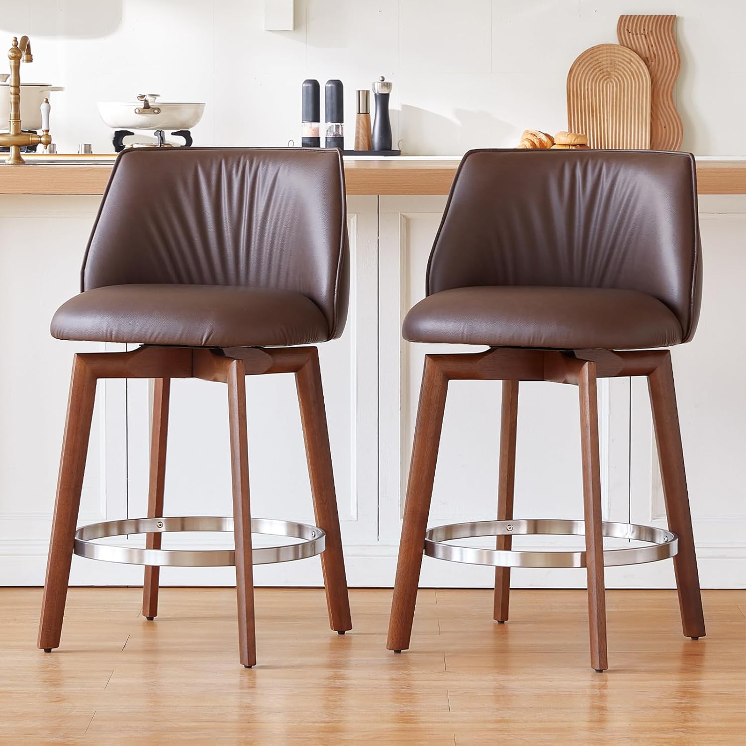 Modern Counter Height Bar Stools Set of 2, 26'' Swivel Bar Stools with Backs Sturdy Solid Wood Legs,Coffee Faux Leather Counter Stools for Kitchen Island