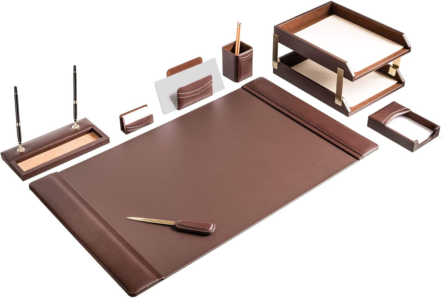 Dacasso D3420 Classic Leather Desk Set, 10pcs, Chocolate Brown