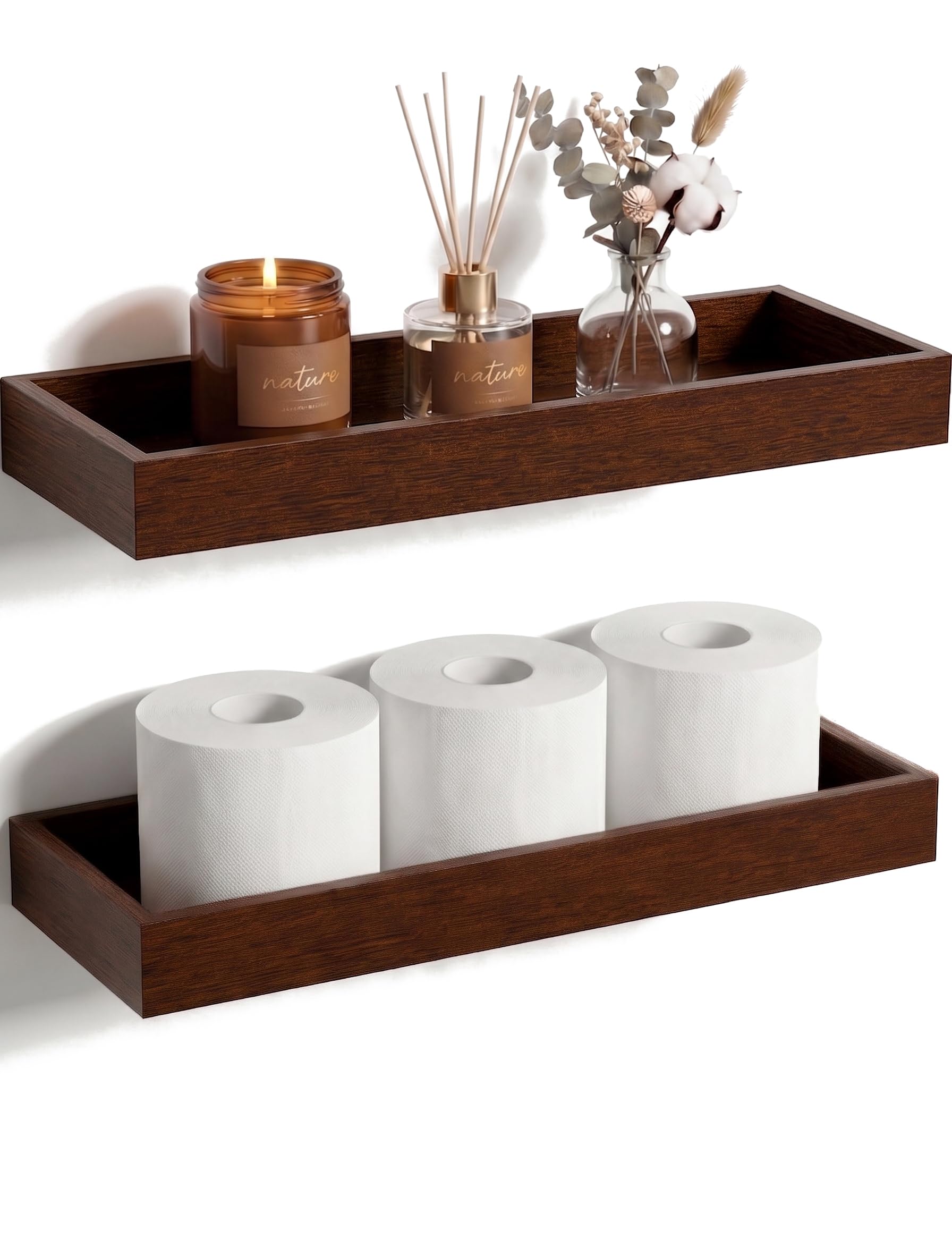 Mifurn Floating Shelves with Raised Lip for Wall Set of 2, 40 cm Walnut Wood Wall Shelves for Bathroom, Bedroom & Kitchen Storage, Display Shelves for Books, Decor & Small Plants