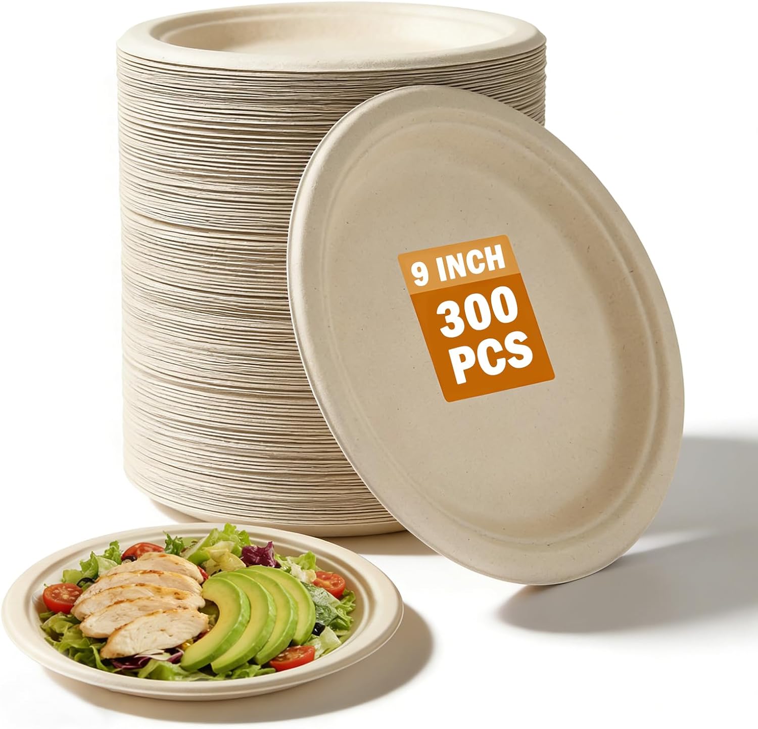 300-Pcs 9 Inch Paper Plates Bulk - Compostable Disposable Plates, Heavy Duty Microwave-Safe,Oil/Water Resistant Bagasse for Party, Picnic & Gathering,Send Goods from Local Warehouse