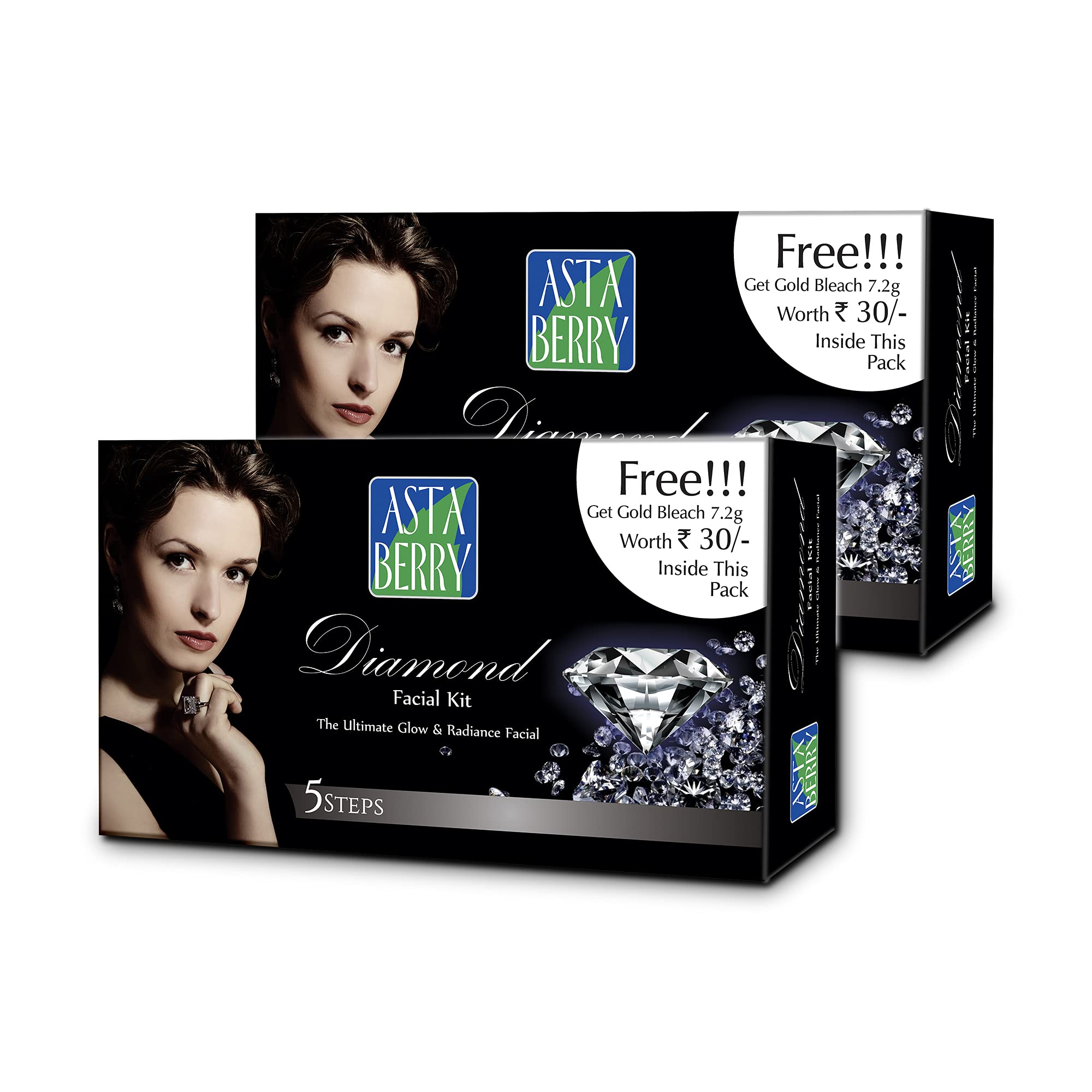 Astaberry Diamond Facial Kit With Free Bleach - 5 Step Ultimate Glow | Skin radiant Pack of 2 (50ml+7.2g)*2