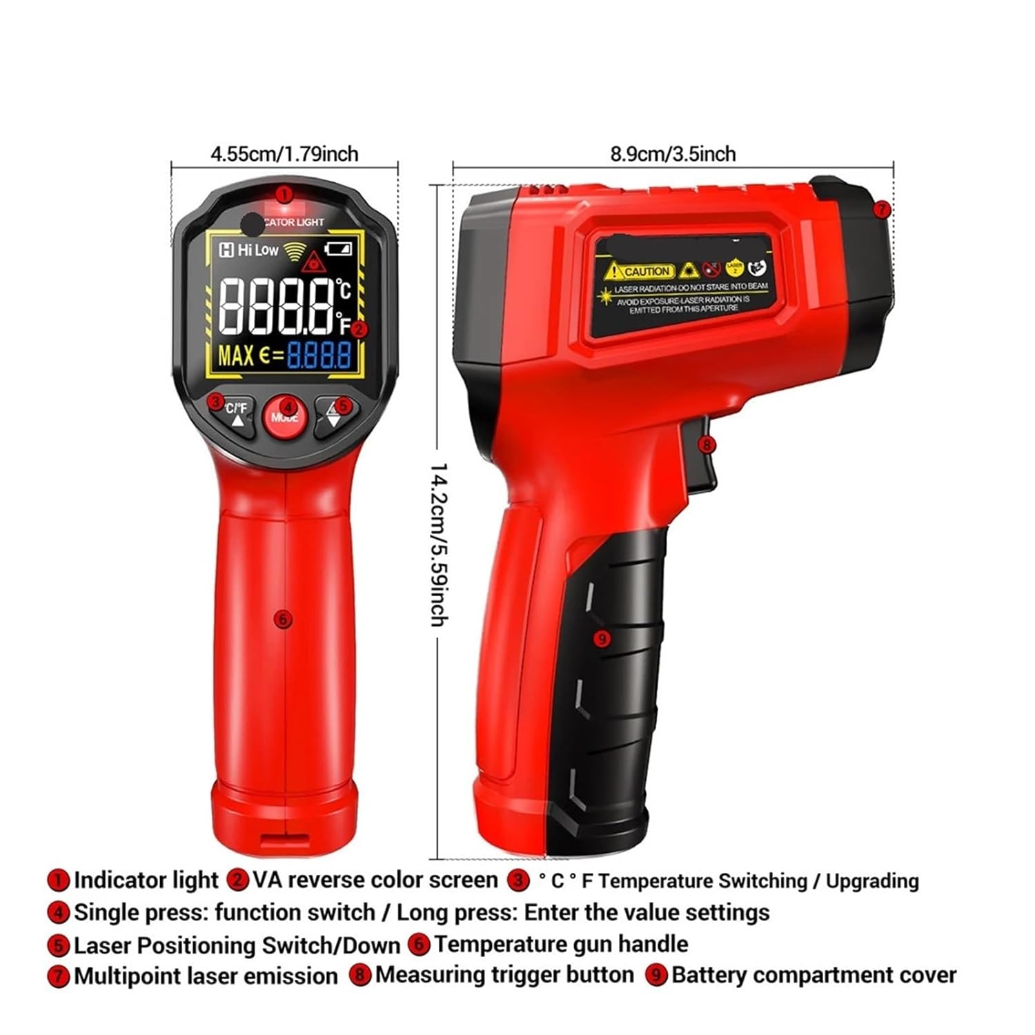 TH203 Digital Infrared Thermometer Smart Industrial -50~600℃ Temperature Meter Non-Contact Pyrometer Tester IR Hygrometer(Red)