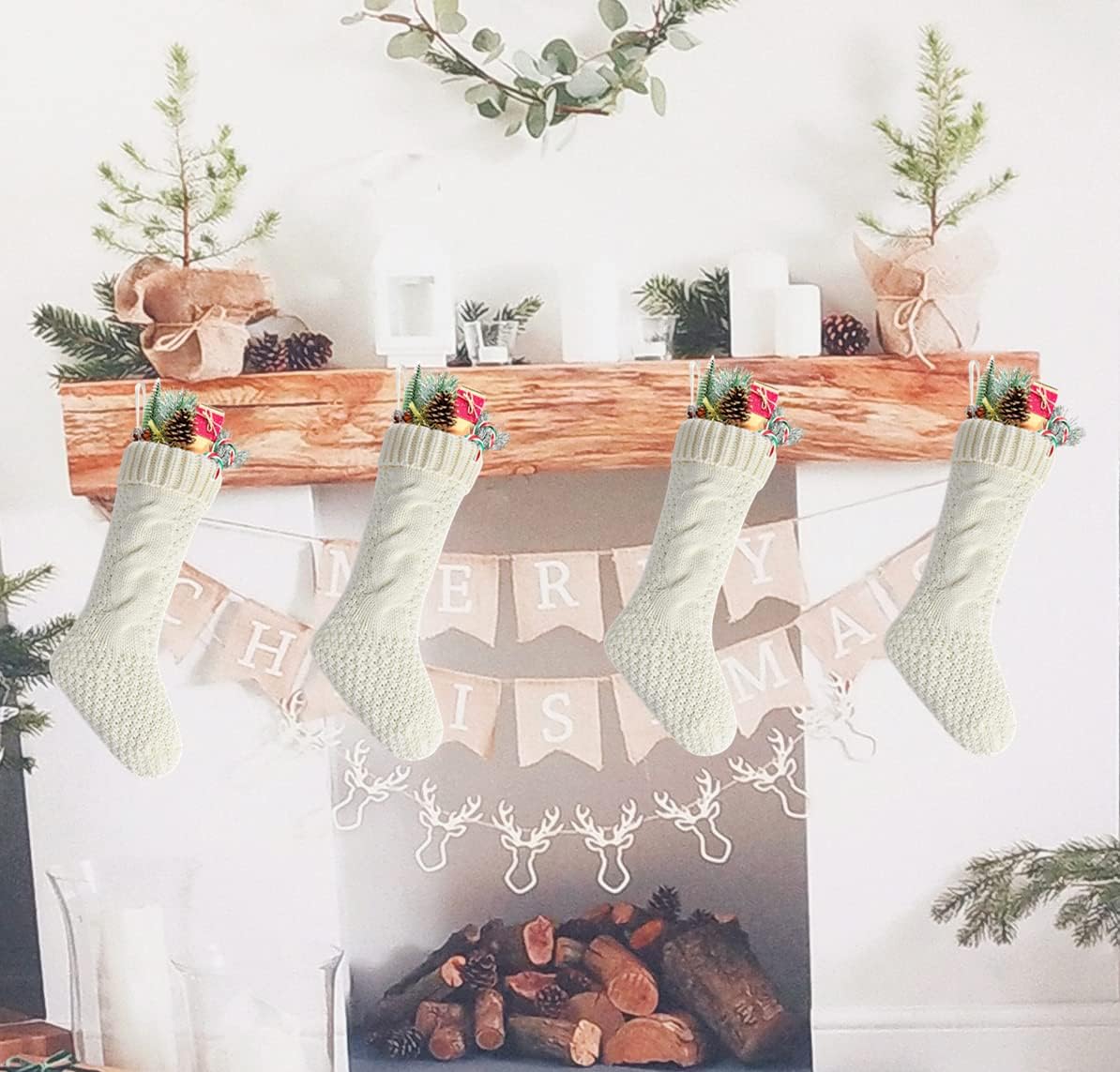 Ivory White Knit Christmas Stockings - 4 Pack