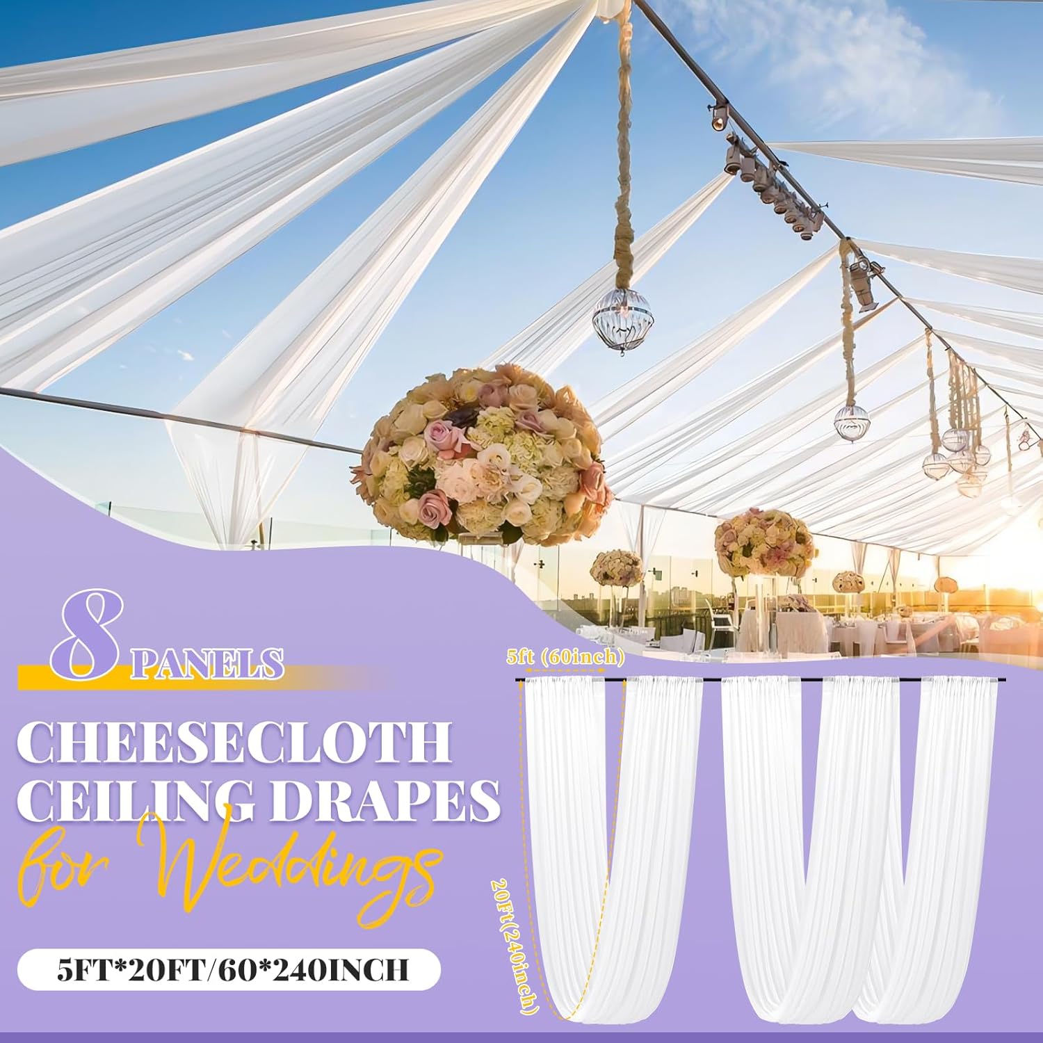 8 Panels White Ceiling Drapes for Weddings - Cheesecloth Sheer Fabric for Draping, Chandelier Hanging Decorations, Stage Arch, Event Drapery, Tent (5ftx20ft)