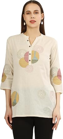 ladyline Womens 100% Cotton Kurta Tunic Top Designer Embroidered - Henley Neck Shirt - Button Down - Short Kurti