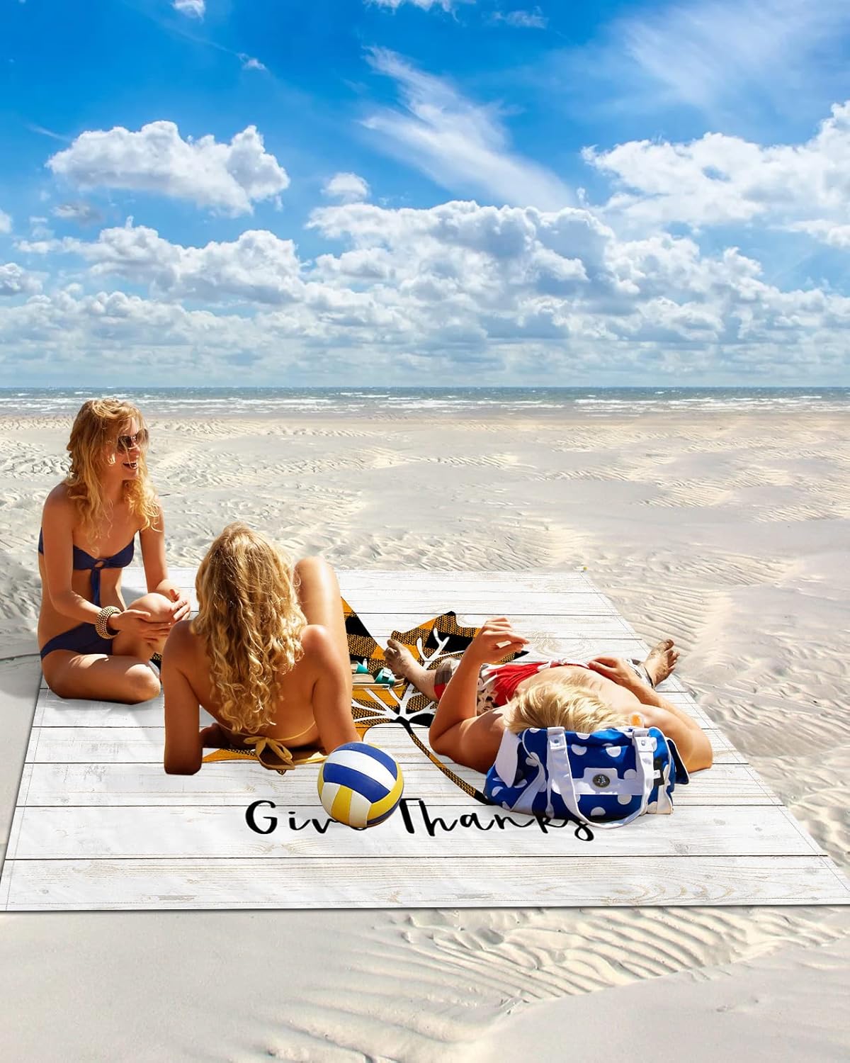 Thanksgiving Gingham Plaid Maple Leaf Beach Blanket Waterproof Sandproof Outdoor Picnic Mat 95"x80" Farm Wooden Plank Lightweight Large Beaach Blankets with 4 Stake & 4 Corner Pockets