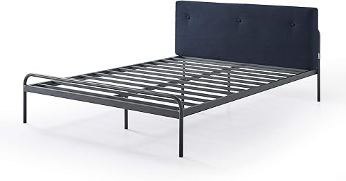 Miniatura 60 de Mellow Maggie - Cama de plataforma de metal con cabecera tapizada con cojín, listones de acero, fácil montaje, gris cielo, tamaño Queen Gris (Sky
