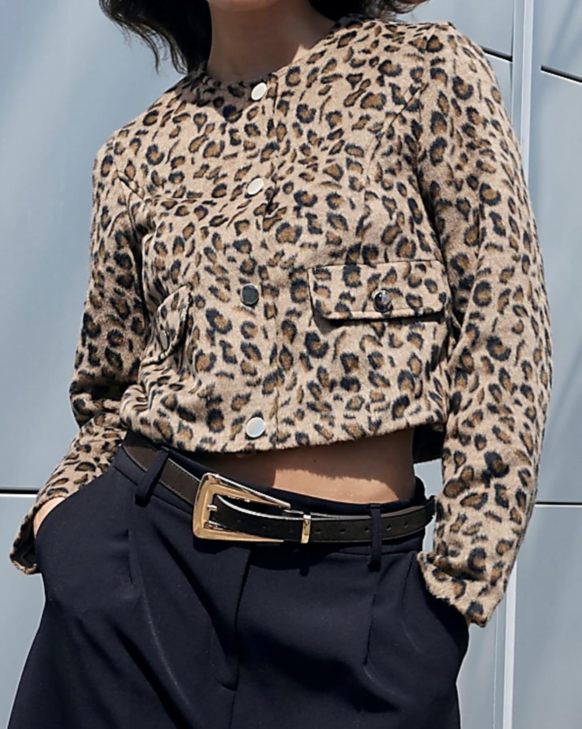 Womens Leopard Print Long Sleeve Crew Neck Cropped Jackets Button Down Casual Outwear Trendy Tops Coats - Image 2