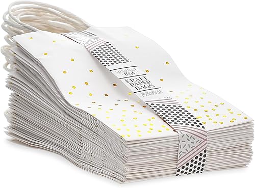 Miniatura 7 de Sparkle and Bash Bolsas de regalo de cumpleaños con asas, paquete de 25, 5.5 x 3 x 9 pulgadas, papel blanco y lunares de lámina dorada, versátiles