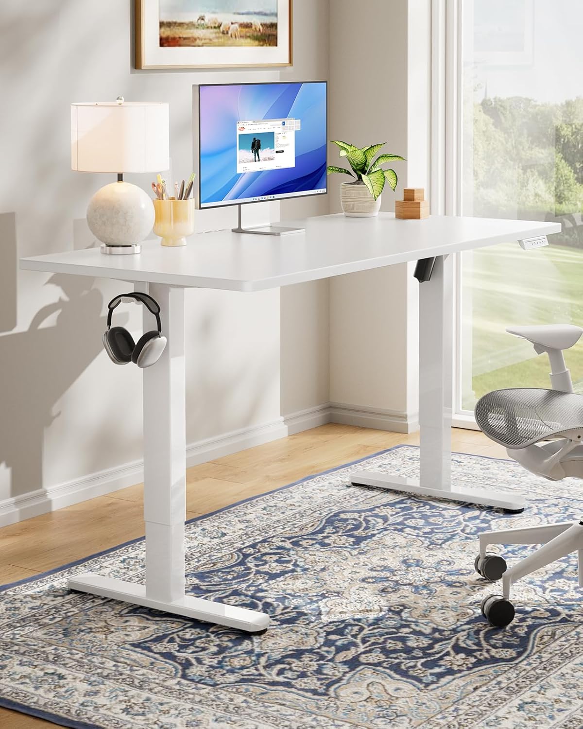 HUANUO Electric Standing Desk, Whole Piece Desktop, Adjustable Height Computer Desk, 4 Height Memory Settings, Sit Stand Up Desk for Home Office, 48" x 24", White - 2