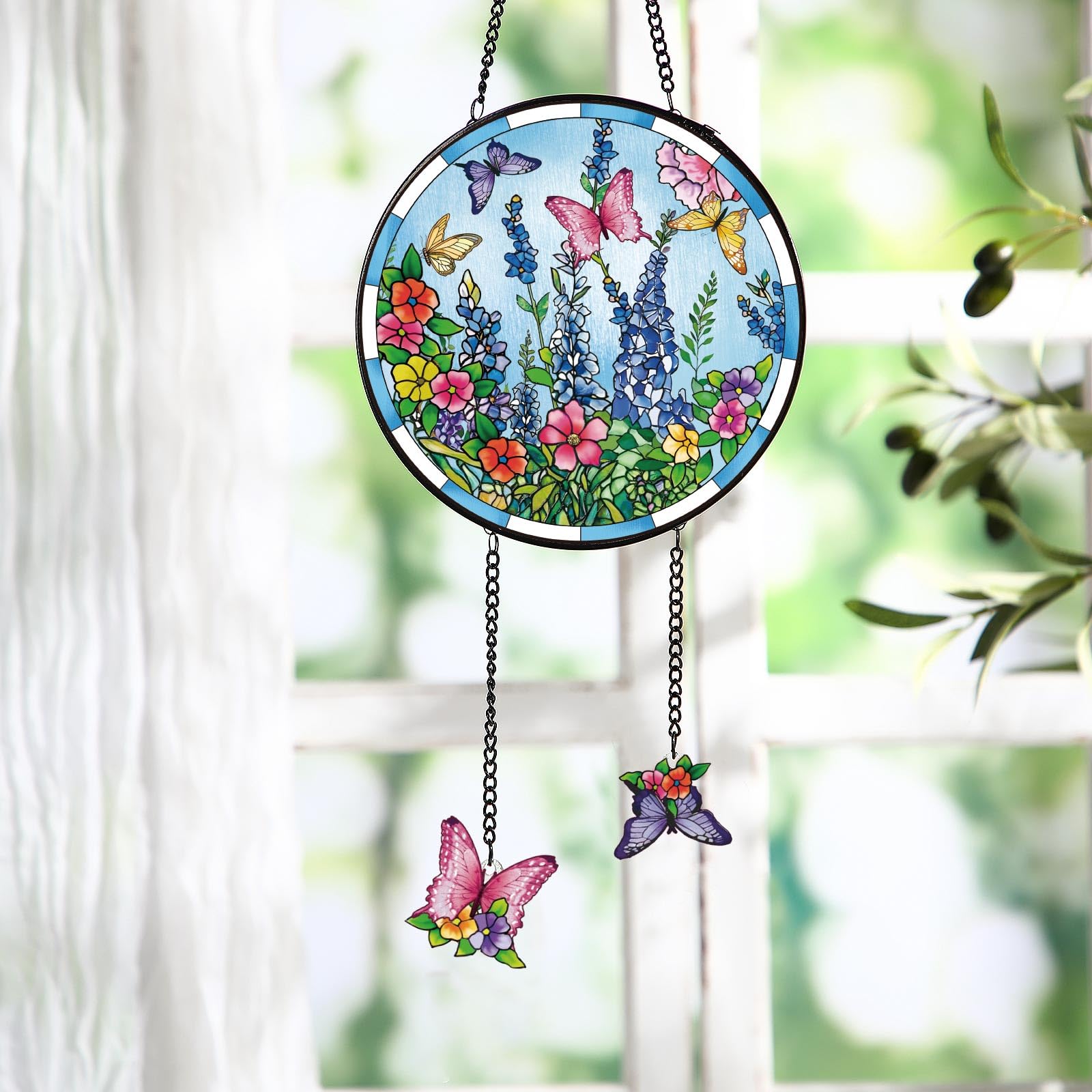 Teenyyou Christmas Stained Glass Window Hanging Birds 6.3" Spring Stained Glass Suncatcher Window Hanging for Handmade Bird Lover Home Decor(Butterfly