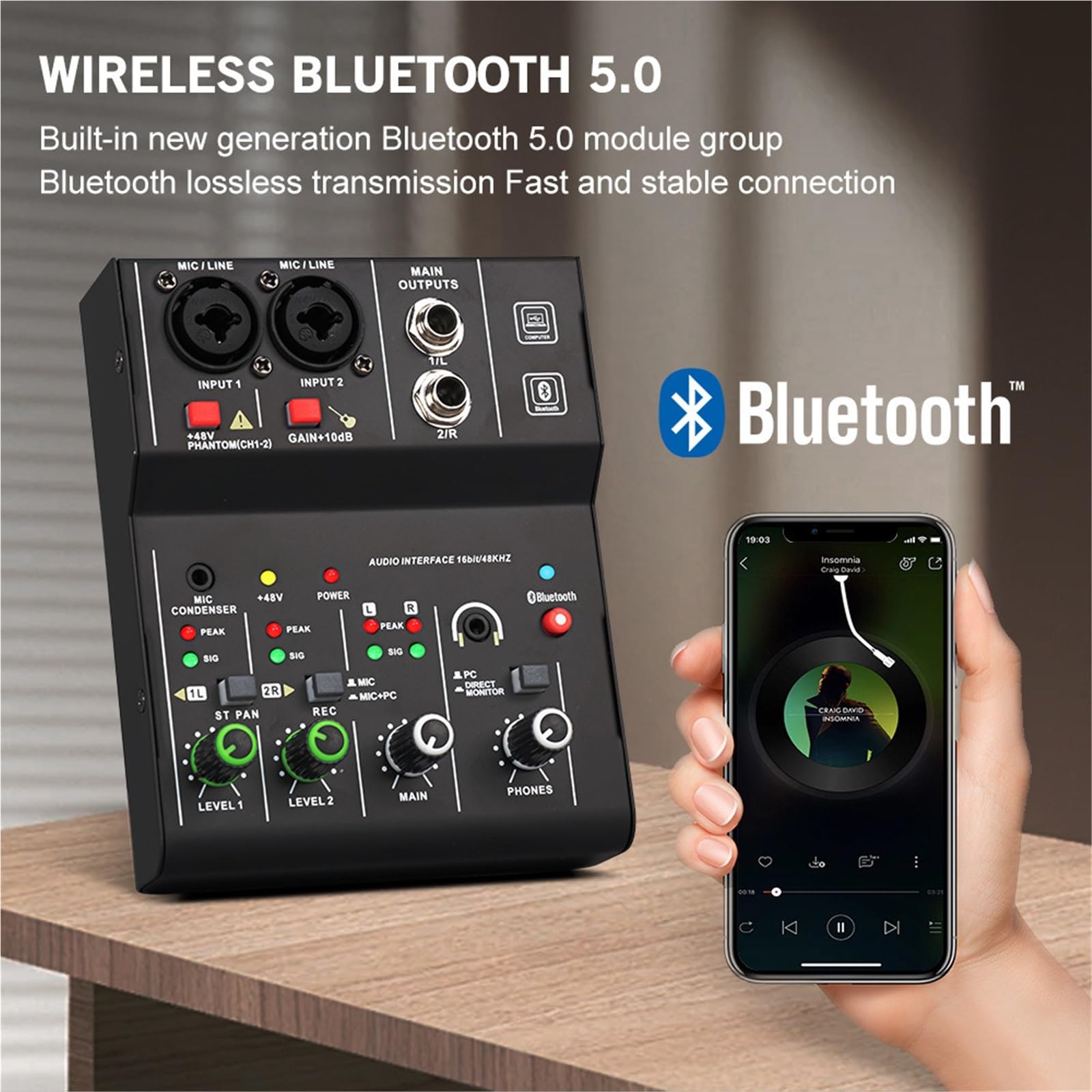Interfaccia mixer professionale a 2 canali, scheda, console mini USB, di registrazione for DJ, studio, chitarra