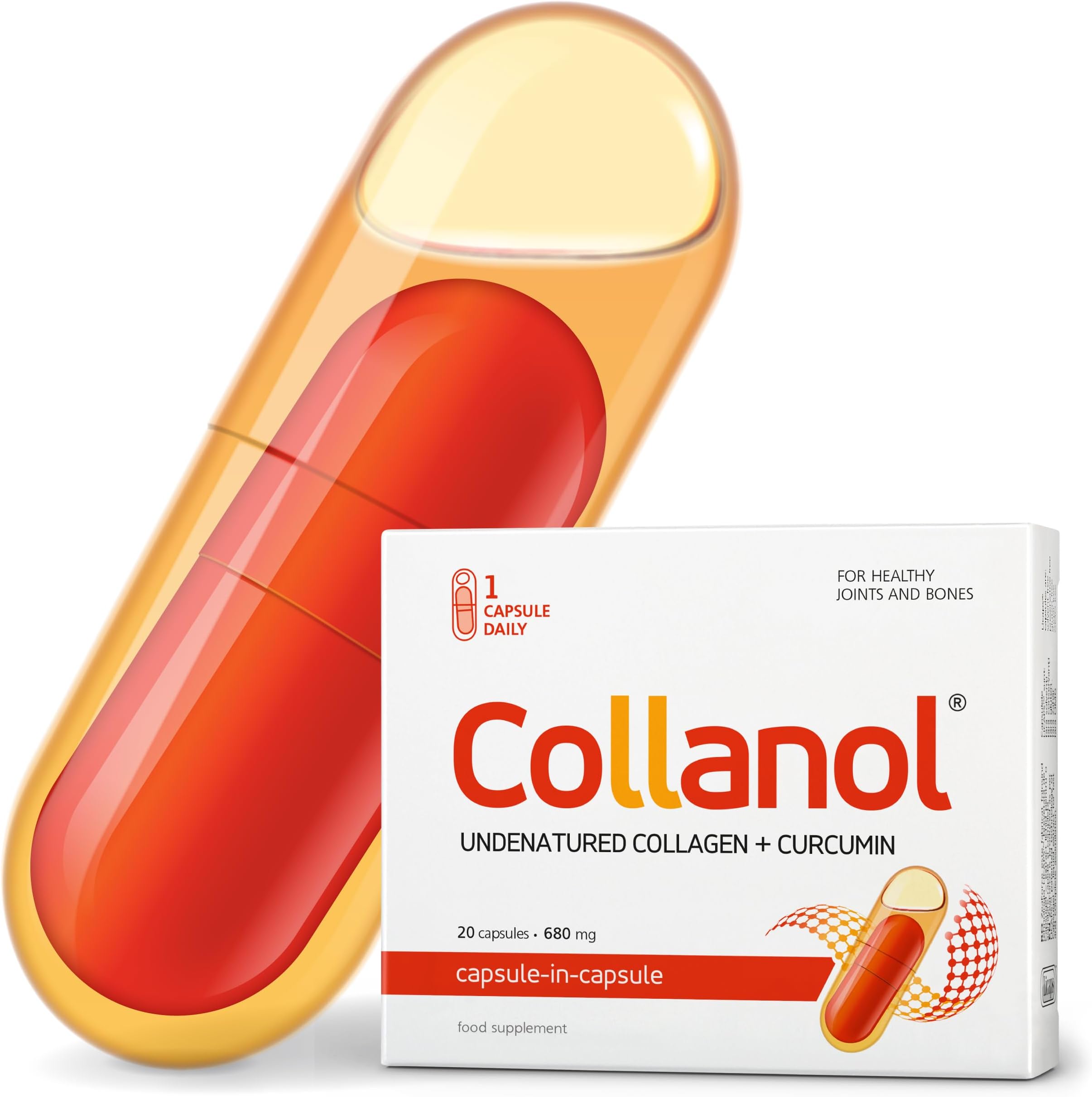 Collanol - The Revolution in Joint Health Care - Liquid Formula in a Double Capsule 3D Collagen + Micellar Extract of Turmeric Roots 1 Capsule/Day. Laboratory Tested (20 Servings)