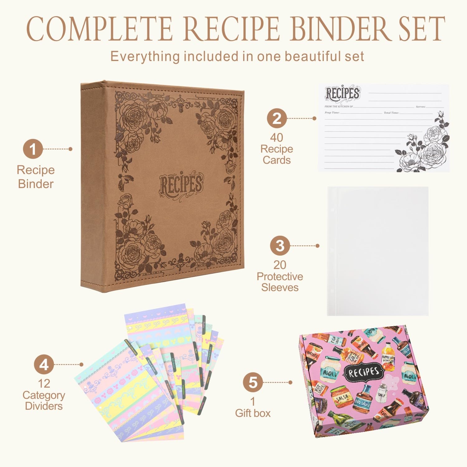 COFICE Ricettario per scrivere le tue ricette, 21,5 x 24,9 cm, raccoglitore ad anelli con copertina in similpelle PU, biglietti da 10 x 15 cm e divisori a schede, marrone