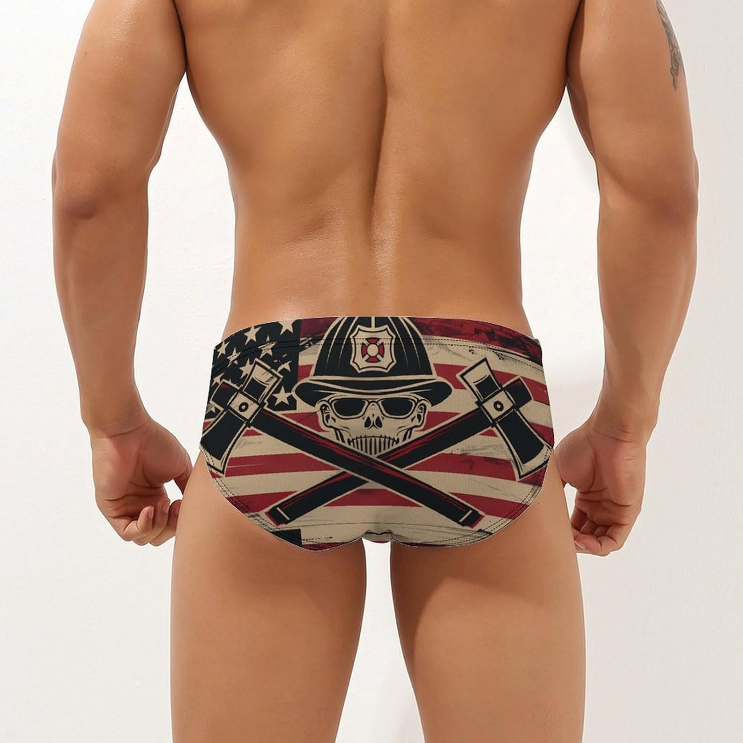 US Flag Skull Firefighter Novelty Men's Swimming Brief Swimwear Pants Trunks Beach Shorts Underwear