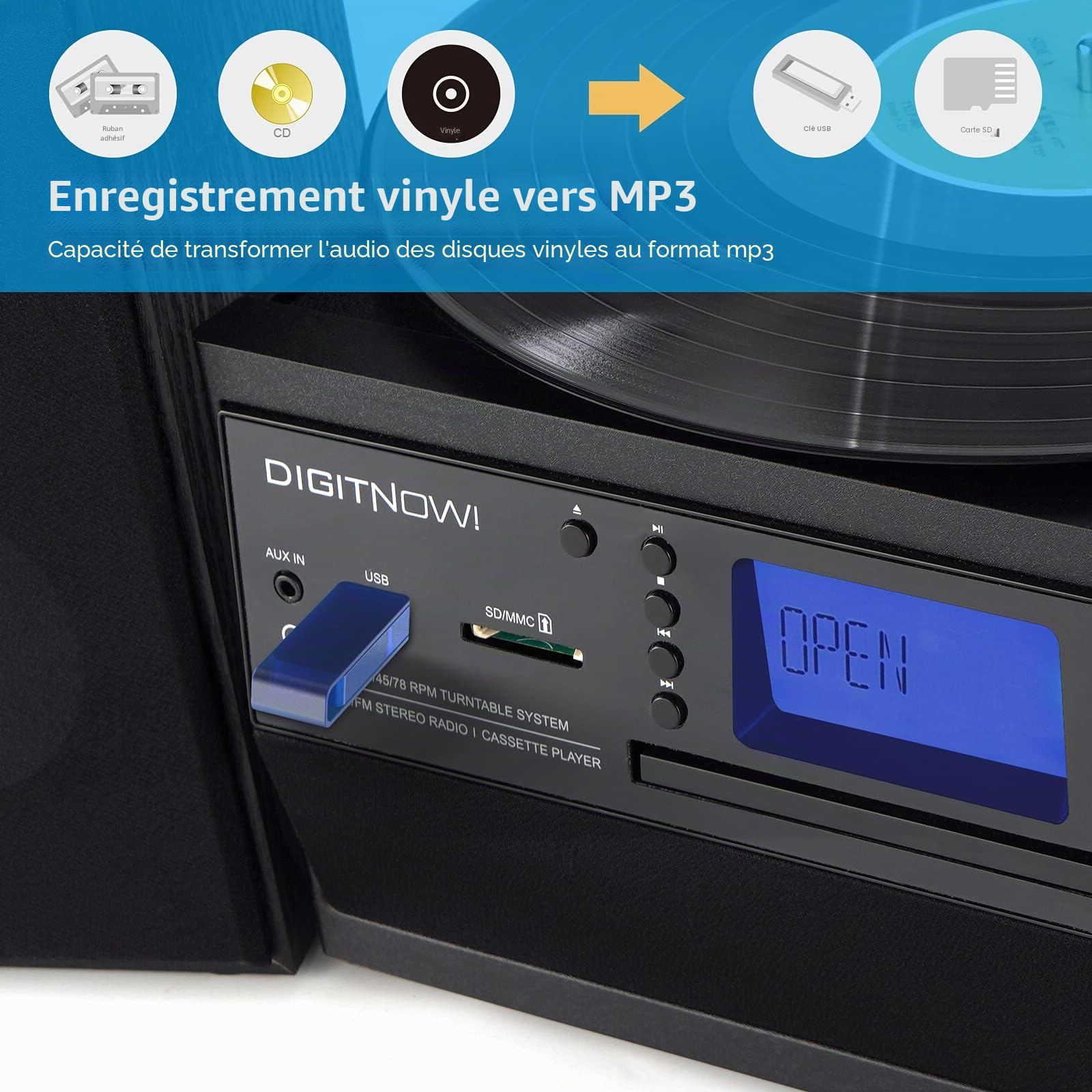 DIGITNOW! Tourne-Disque Bluetooth Viny pour CD, Cassette, Radio AM/FM et entrée auxiliaire, Port USB et encodage SD, télécommande, avec Haut-parleurs stéréo autonomes