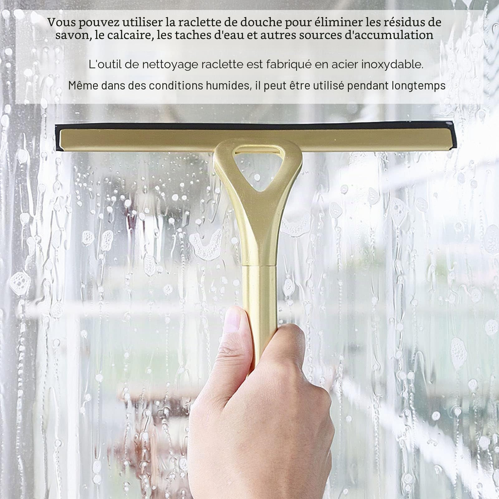 Ejoyous Raclette de douche en acier inoxydable doré moderne argenté #811 22,5 cm Squeegee pour paroi de douche, fenêtre, accessoires de salle de bain