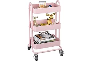 3-Tier Pink Rolling Cart, Pink Metal Storage Cart