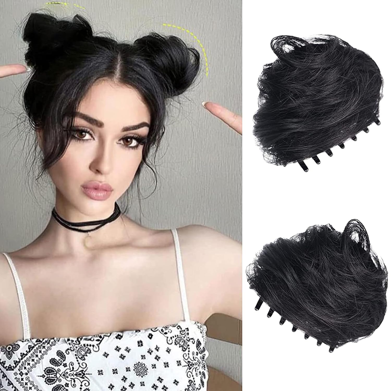 mdgfge Space Bun Hair Pieces, 2 Pcs Mini Claw Clip in Hair Bun Hair Scrunchies Fake Extension Messy Cat Ears Extensions Wig Accessory Hairpieces for Women Girls (Natural Black)
