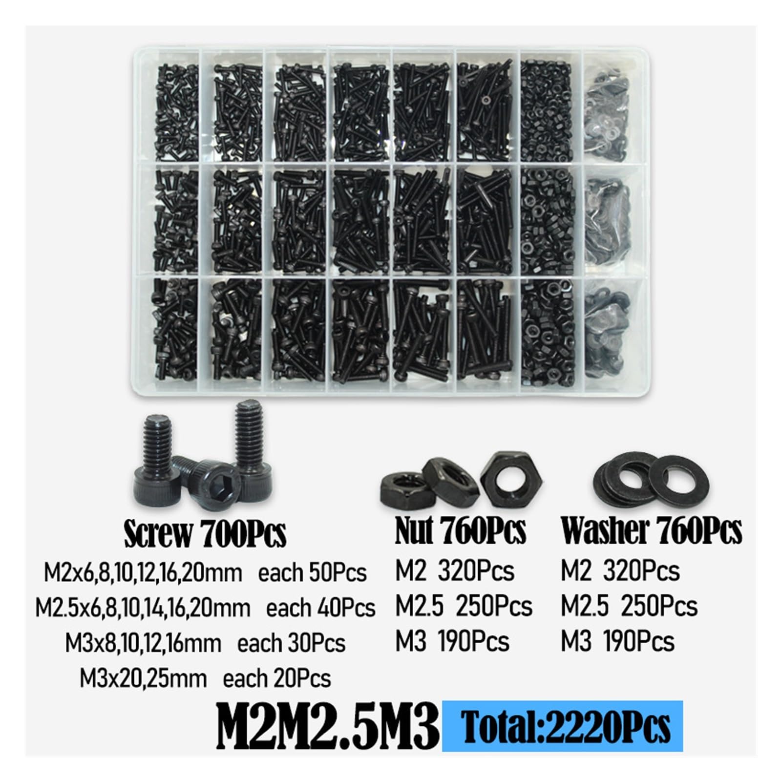 2500p Sechskantschrauben Set mit Innensechskant aus schwarzem Stahl M2 M3 M4 M5 M6 Grad 12,9 DIN912 Bolzen Muttern Unterlegscheiben Sortiment (Sockel 2220 Stück)