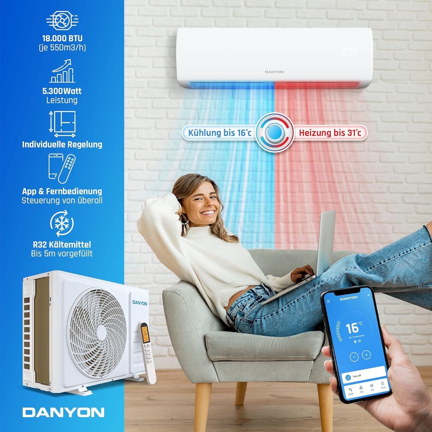 Danyon Multisplit Klimaanlage 2 Innengeräte - 18000 BTU - 5,2 kW, sehr leise & energiesparend, Smart Home, Inverter Klimagerät mit Heizfunktion, WiFi und App, Splitgerät vorgefüllt