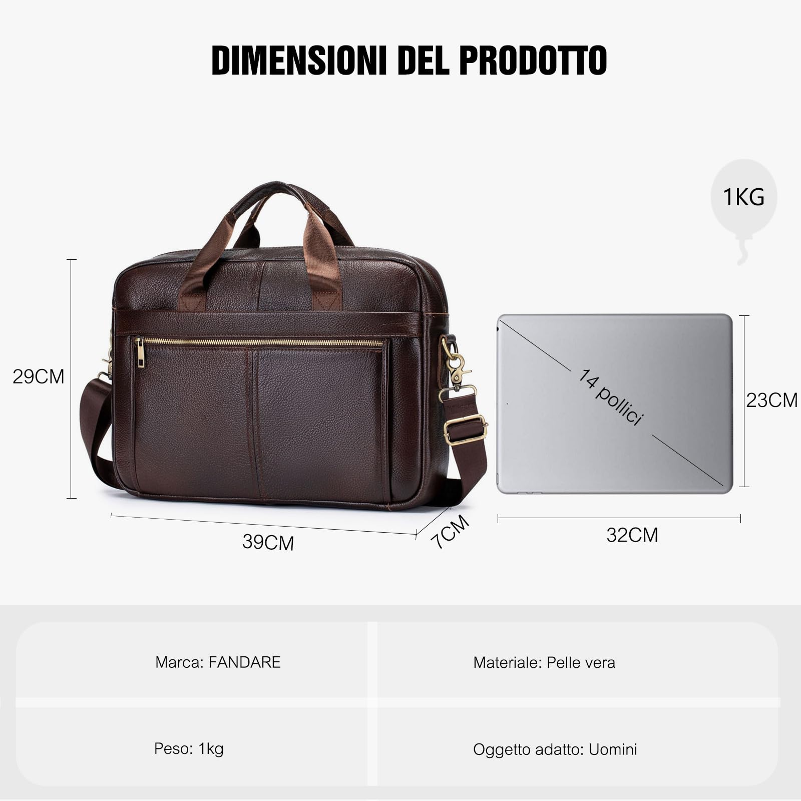 FANDARE Retrò Pelle Ventiquattrore Uomo 14 Pollici PC Borse per laptop Messenger Weekendiera 24 Ore Borsa a mano Spalla Messaggero Business Borsetta Cartella Professionale per Lavoro Viaggi Tracolla