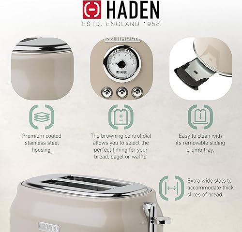 Miniatura 3 de Haden DORSET - Tostadora retro de acero inoxidable con control de tostado ajustable y ajustes de cancelación, descongelación y recalentamiento