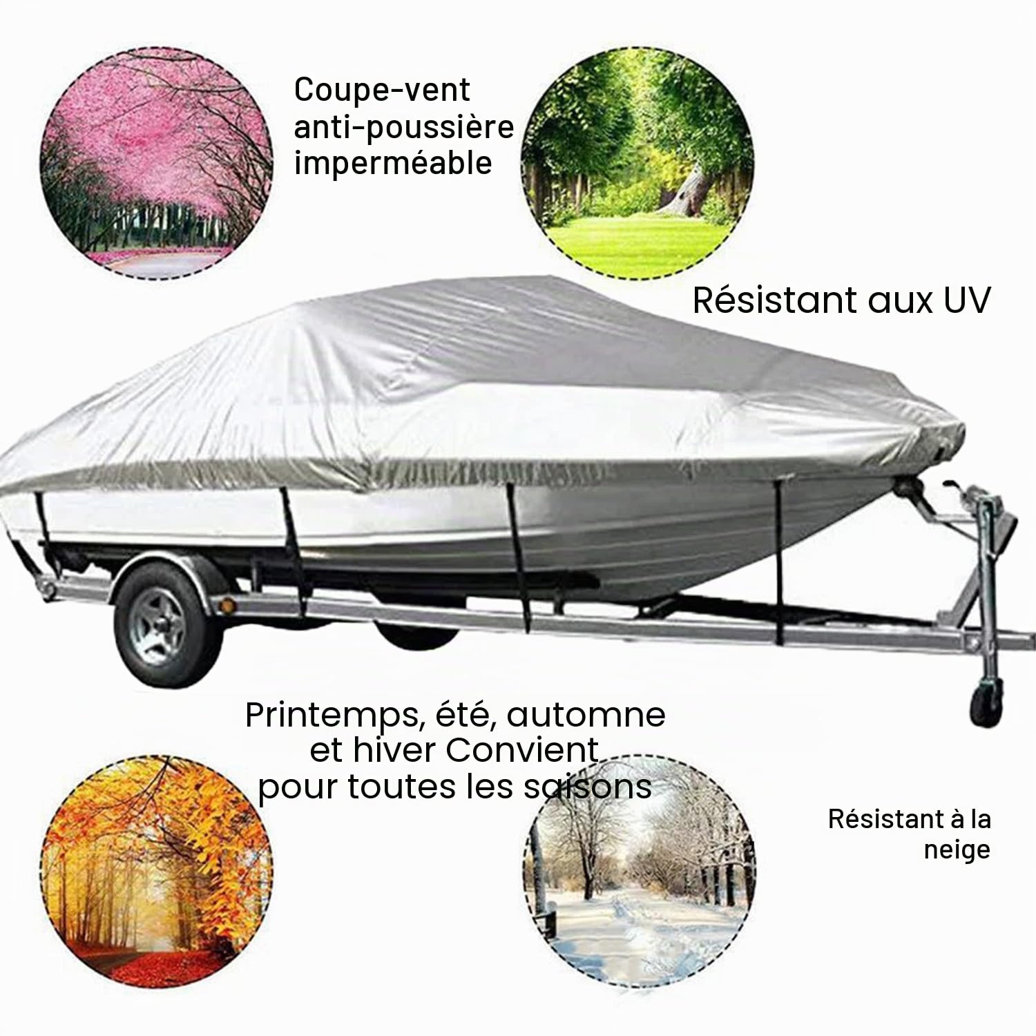Bâche De Bateau pour Remorque,Très Résistante 210D,Housse De Bateau Imperméable,3 Couches Anti-UV,pour Yacht,Bateau De Pêche,Tri-Coque(Argent) (17-19FT：600 x 300cm)