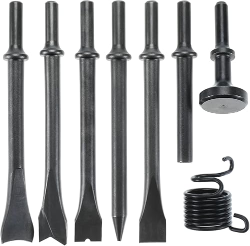 YaeTek 8 piezas de martillo neumático de alisado de alta resistencia, brocas de cincel neumáticas, vástago de 0.401 pulgadas, cinceles neumáticos