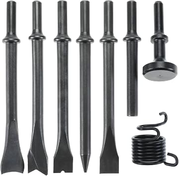 YaeTek 8 Pcs Heavy Duty Smoothing Air Hammer Pneumatic Chisel Bits Tools 0.401 Shank Pneumatic Chisels with Spring