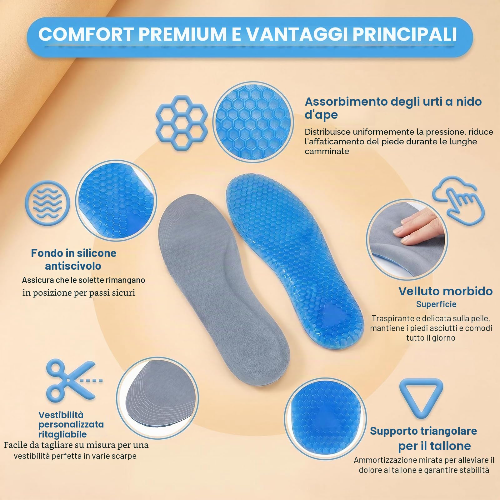 1 paio di solette sportive in gel di silicone blu, riutilizzabili, a nido d'ape, a tutta lunghezza, antiscivolo, comode, ammortizzanti, per scarpe da uomo e donna (grande)