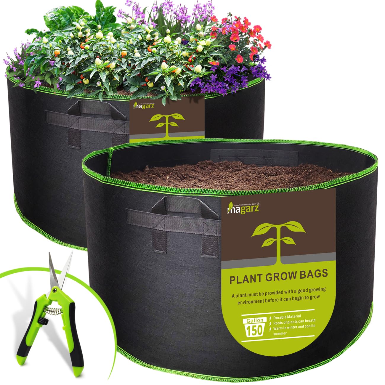 2-Pack 150 Gallon Fabric Flower Pots Garden Felt Grow Bags with handle (black)