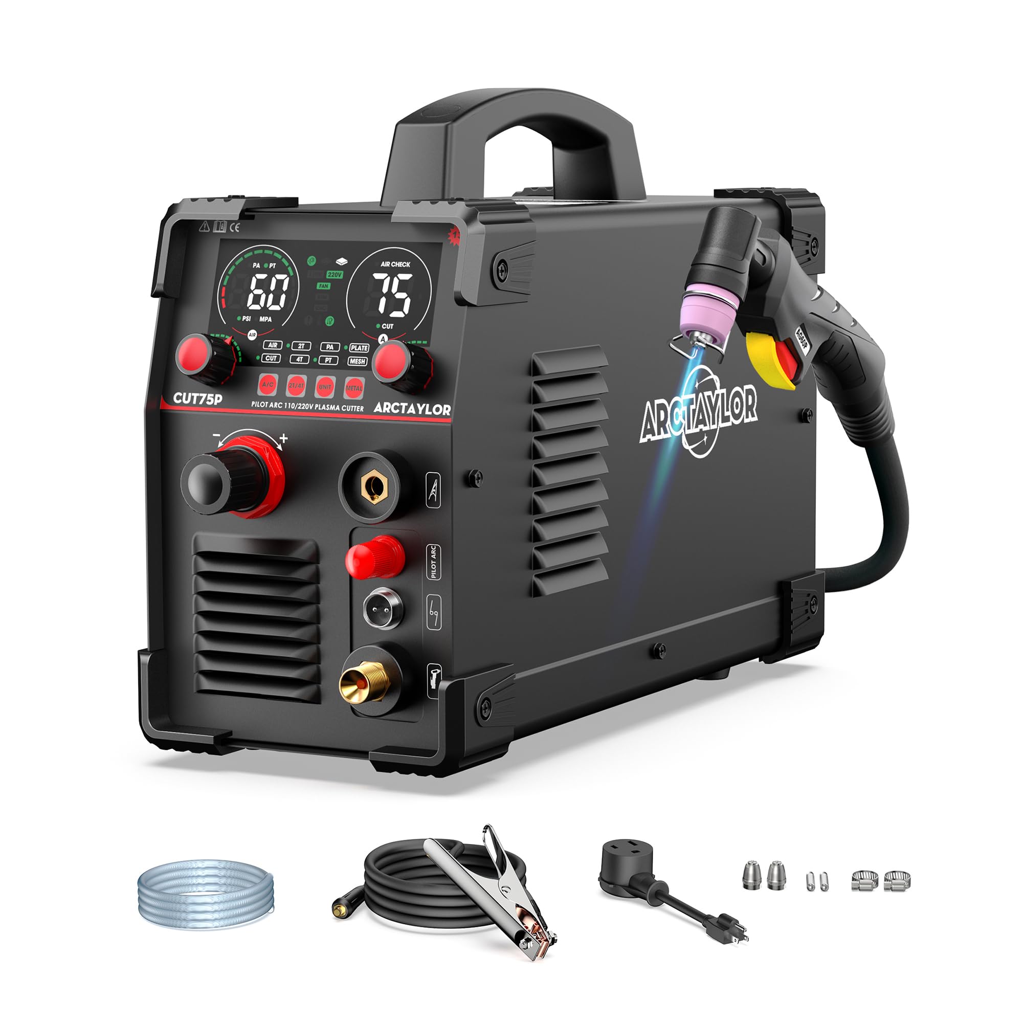 ARCTAYLOR 75Amps Plasma Cutter, Non-Touch Pilot Arc Plasma Cutter Machine,110/220V Dual Voltage IGBT Inverter, Air Sensor Technology, Large Digital