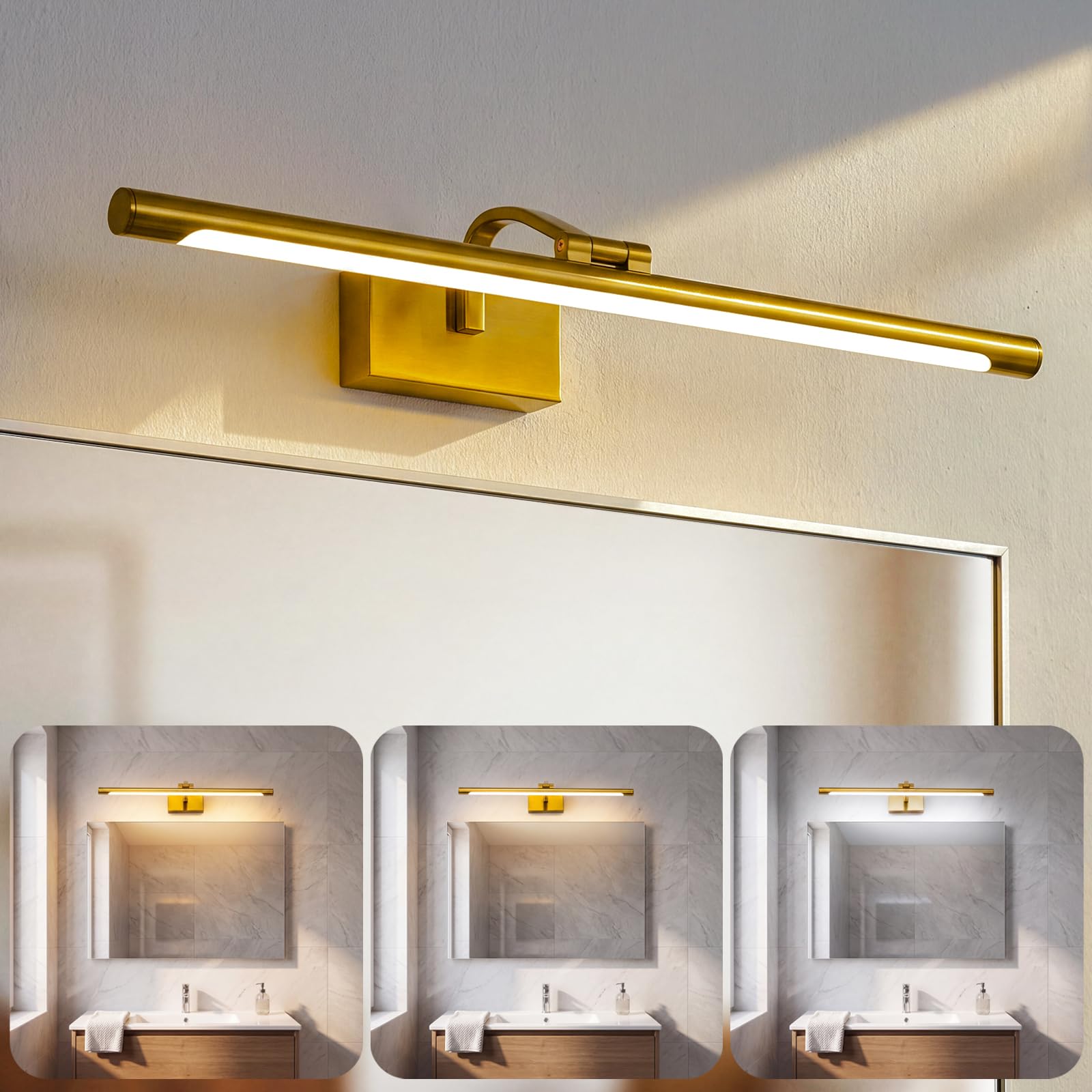 LED Luce per Specchio da Bagno Lampada per Specchio da Bagno, 3 Temperature di Colore Applique da Parete sopra lo Specchio, 60cm 12W IP44 630 Lumen, Oro Moderna Illuminazione Specchio Parete Lampada