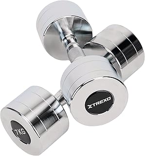 TREXO 2 x 7kg Chrome Dumbbell Set, Steel Dumbbell Set with Non-Slip Handle, Ideal for Strength, Endurance and Function Tra…
