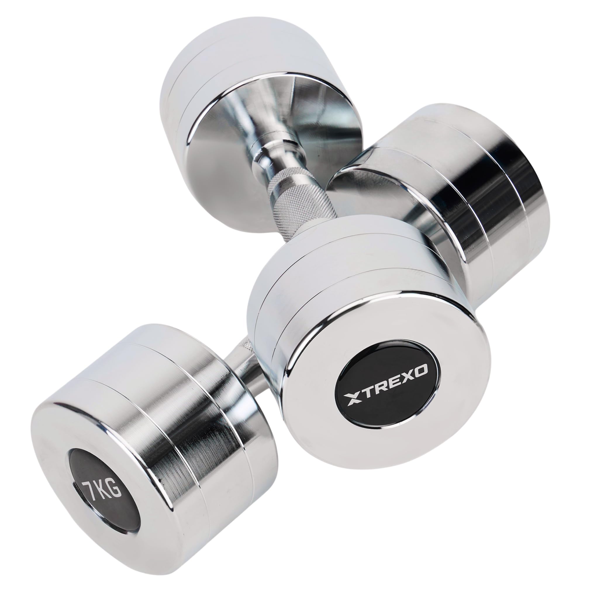 TREXO Set di manubri cromati da 2 x 7 kg, set di manubri in acciaio con manico antiscivolo, ideali per l'allenamento di forza, resistenza e funzionalità, perfetti per casa e palestra