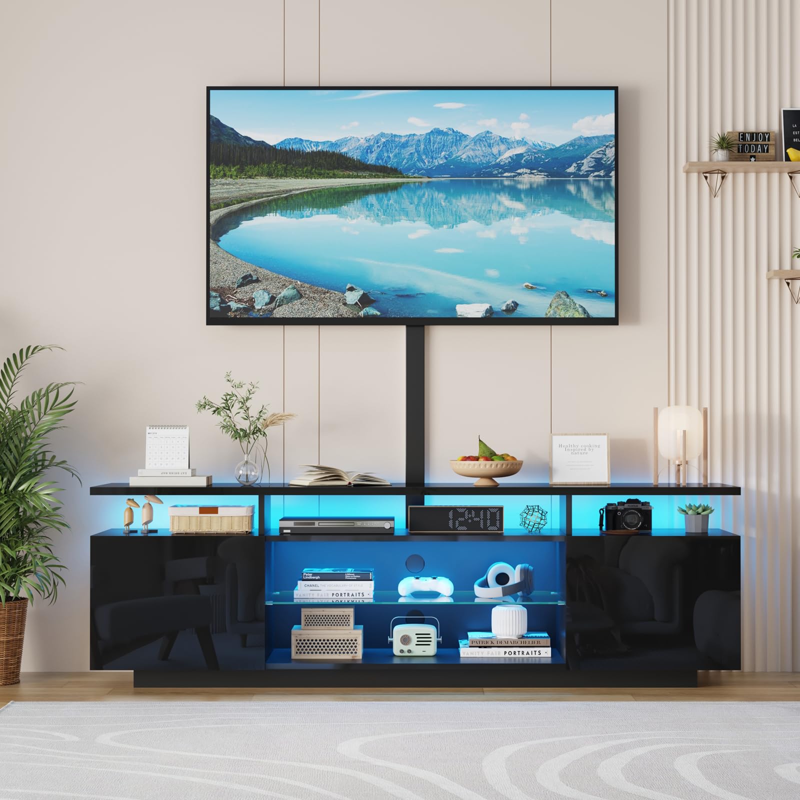 BSTSEL High Gloss 160cm TV Cabinet with Mount, Adjustable TV Stand Cabinet for TVs up to 70 inches, with RGB LED Lights, White TV Cabinet for Living Room with Storage Furniture (Black)