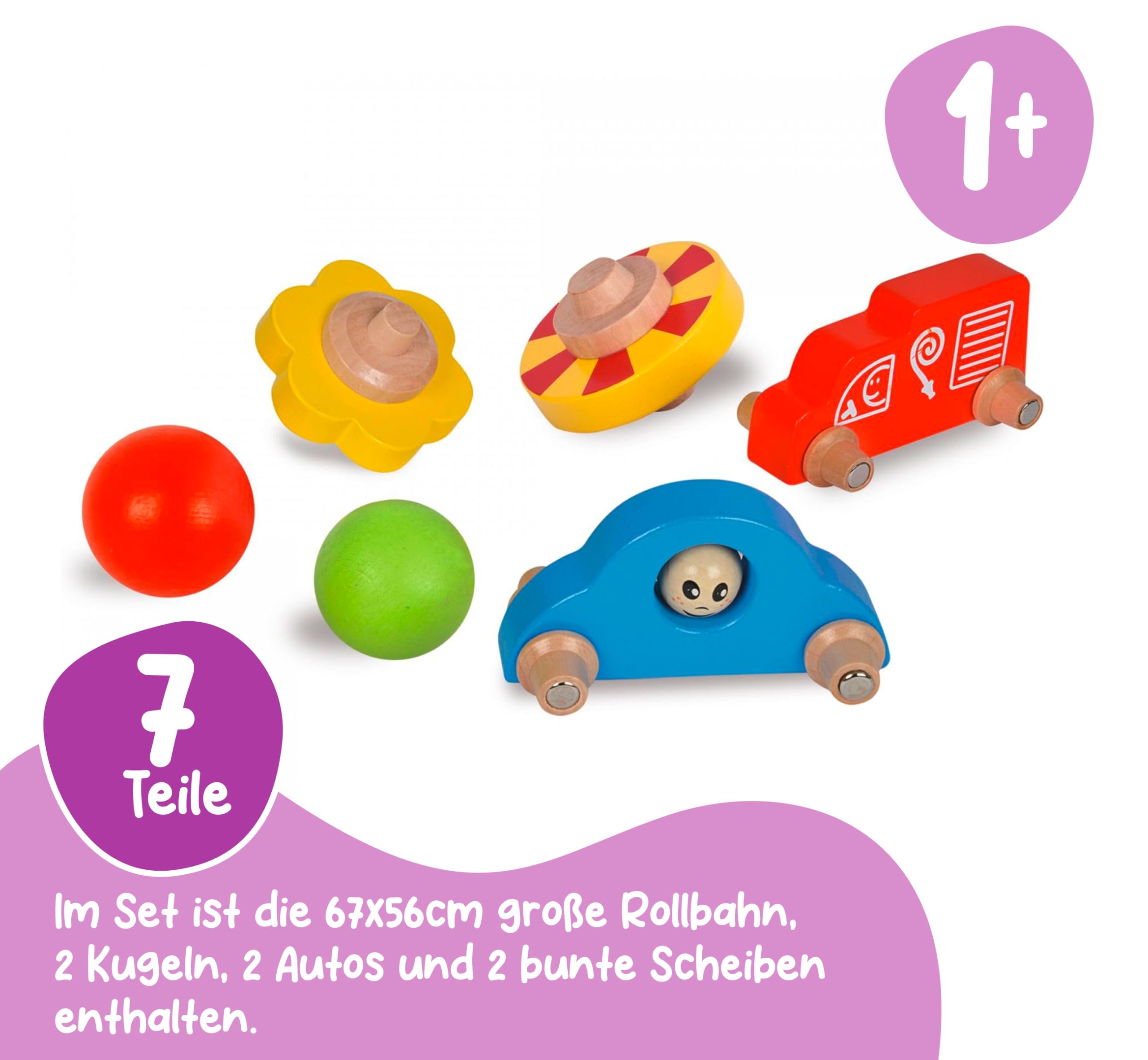 Eichhorn 100002029 Große Rollbahn aus Kiefernholz, 7-teilig, mit 6 Rollelementen, Kugelbahn für Kinder ab 1 Jahr, Größe: 67 x 56 cm