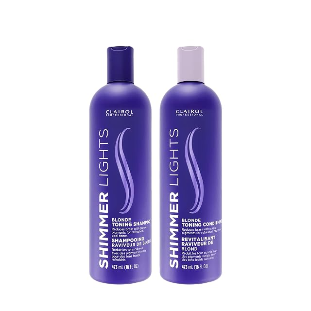 Clairol Professional Shimmer Lights Purple Shampoo Conditioner Neutralizes Brass Yellow Tones For Blonde Silver Gray Highlighted Hair BUNDLE
