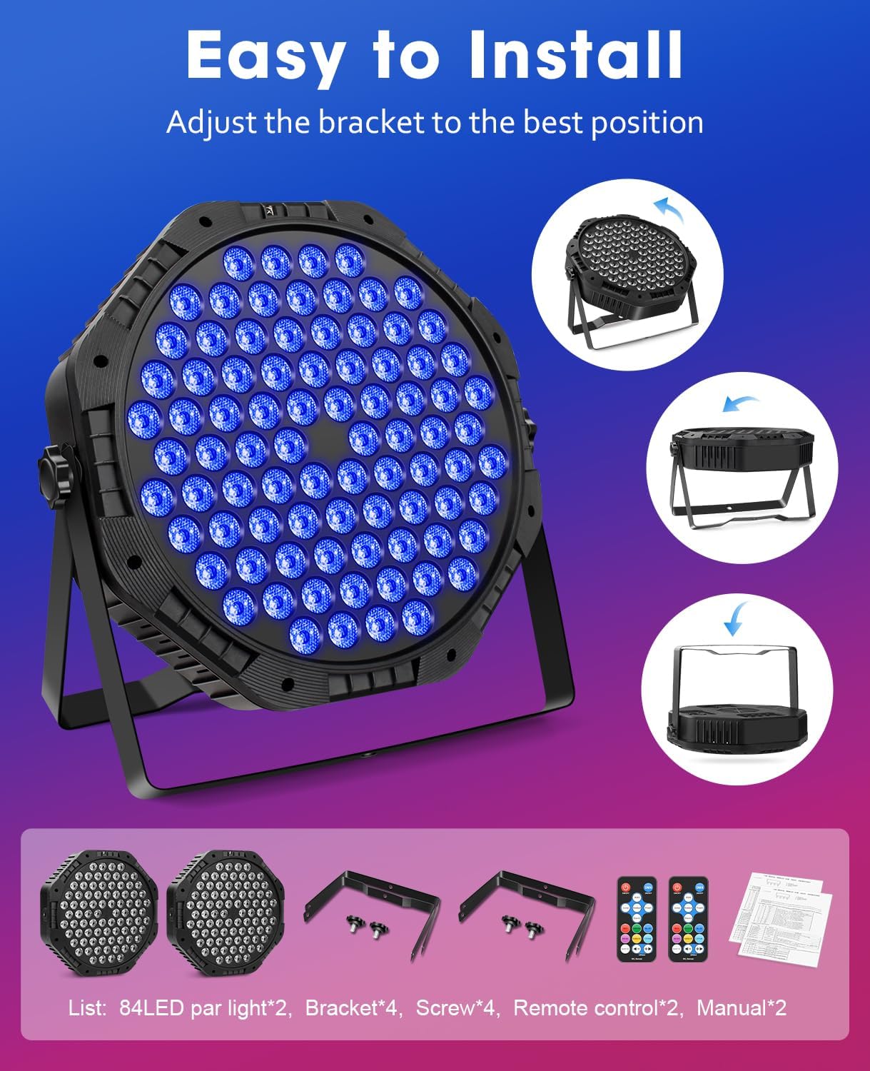 Image showing the Outerman 84LED RGB Par Light with its adjustable mounting bracket, demonstrating how it can be positioned on a flat surface or hung.