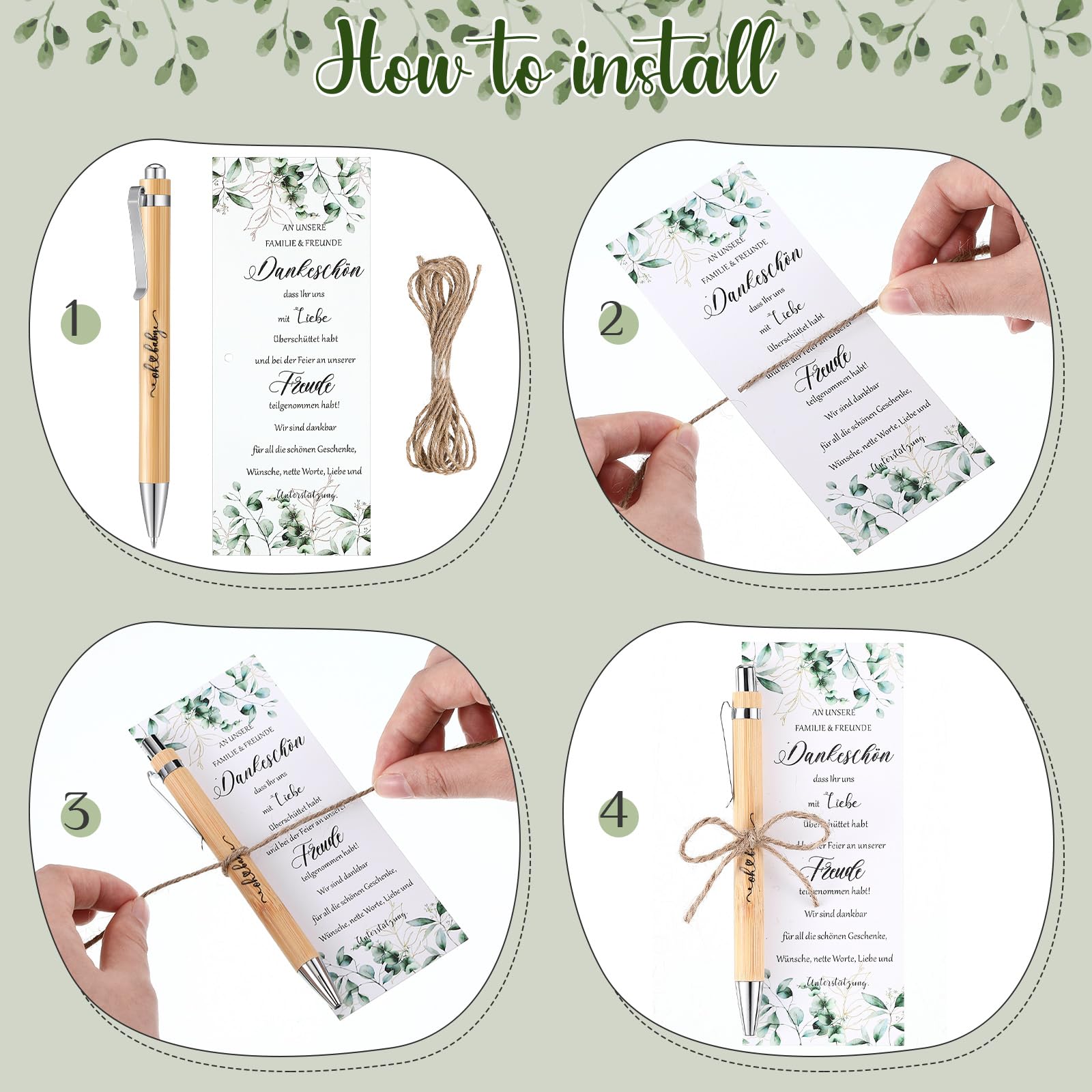 Faccito Babyparty Gastgeschenk-Set – 20 Dankeskarten & Kugelschreiber, Mit Holzstiften & Seil