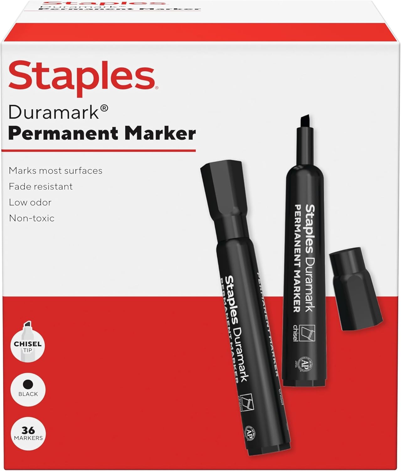 STAPLES Tank Permanent Markers, Chisel Tip, Black, 36 Pack – Duramark Bold Ink Markers for High‑Volume Labeling & Warehouses
