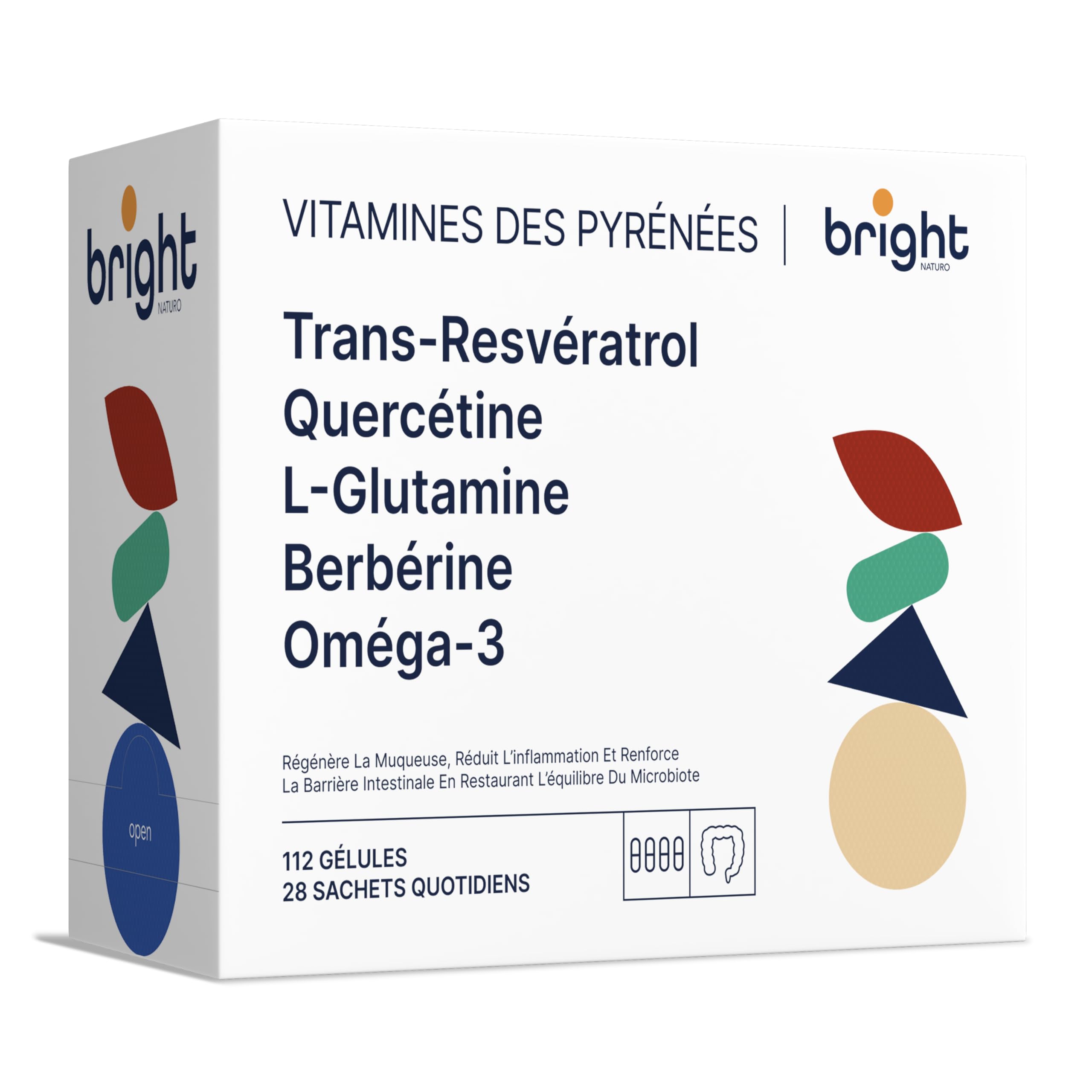 Gestion de la barrière intestinale – Trans-resvératrol, L-glutamine, berbérine, quercétine, oméga-3 – Puissante synergie de vitamines et de minéraux | 28 portions quotidiennes | 112 sachets | Sans OGM