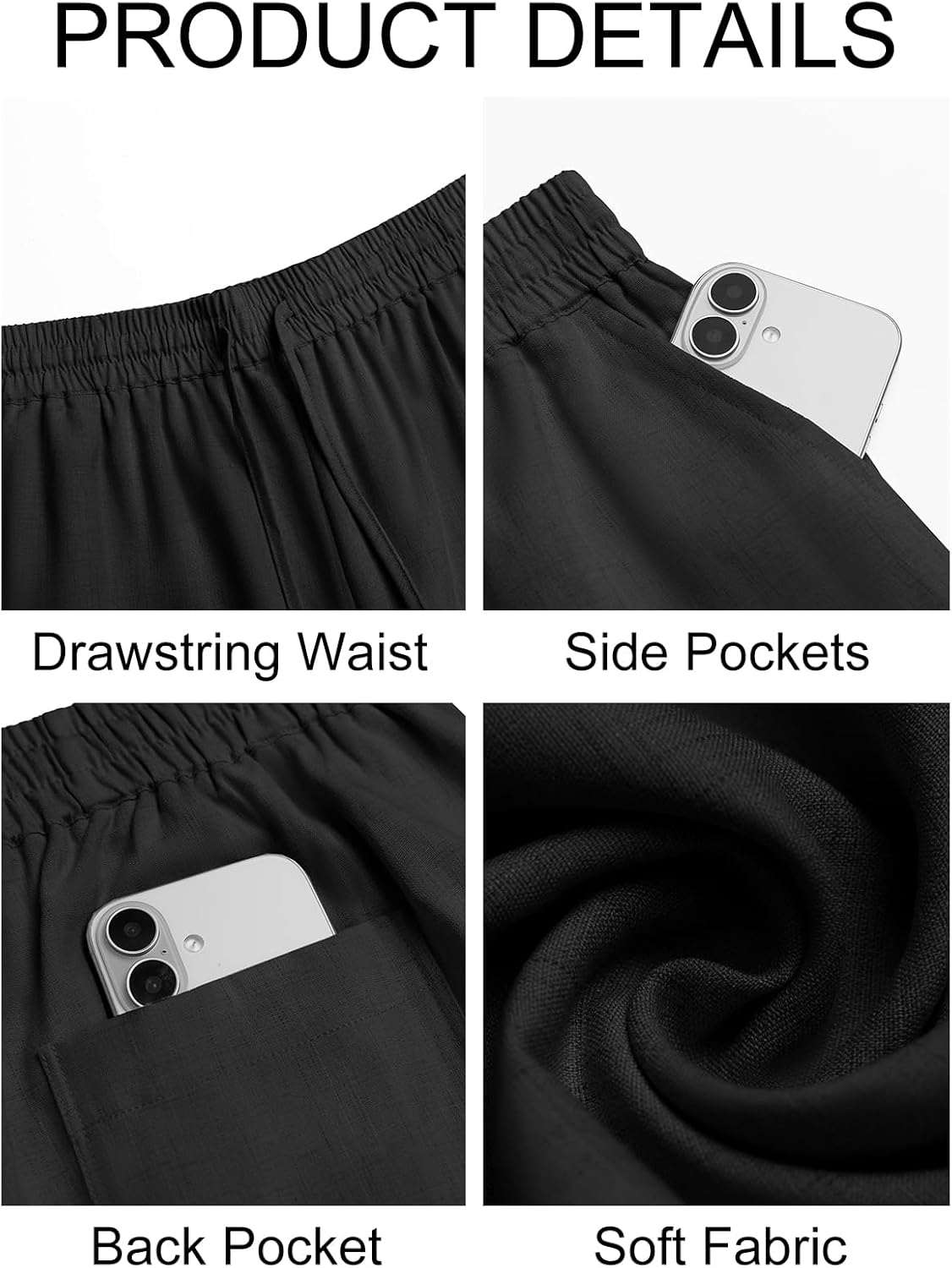 Runcati Mens Casual Pants Drawstring Elastic Waist Lightweight Linen Pants Loose Fit Straight Legs Beach Trousers - Image 5