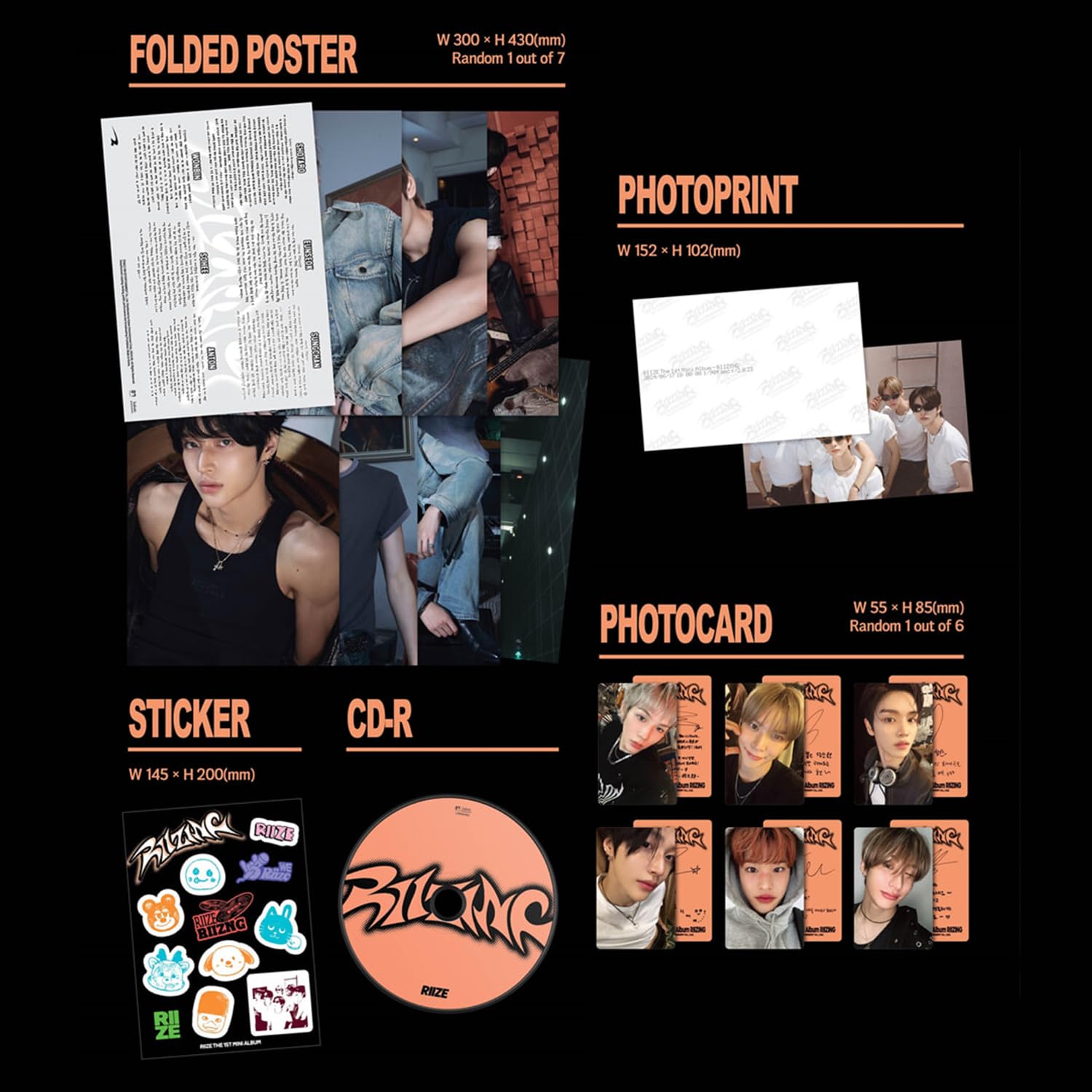 RIIZE - 1st Mini Album [RIIZING] (Photo Ver. - BOOM BOOM BASS Ver.) Cover + Photo Folded Poster + Photoprint + Sticker R + Photocard + 3 Extra Photocards