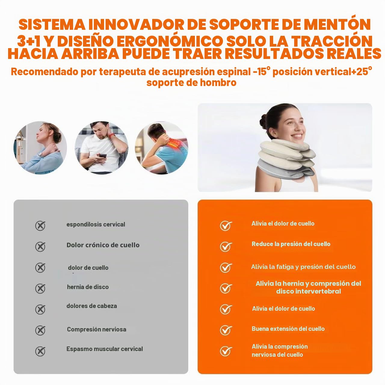 Collarín Cervical Inflable, Dispositivo de Tracción Cervical Ajustable con Sistema de Soporte de Mentón 3+1, Collar Ortopédico para Dolor Cervical y Almohada Cervical de Descompresión