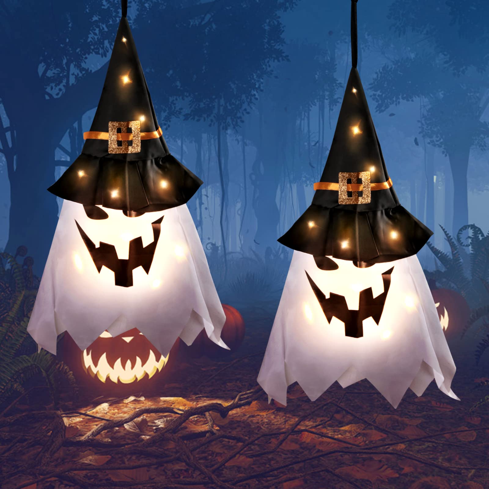 APODESS Halloween Hanging Ghost Lighted, 2pcs Ghost Witch Hats with LED String Lights Halloween Scary Glowing Ghost Wizard Hat for Halloween Outdoor Garden Yard Porch Tree Hanging Decor