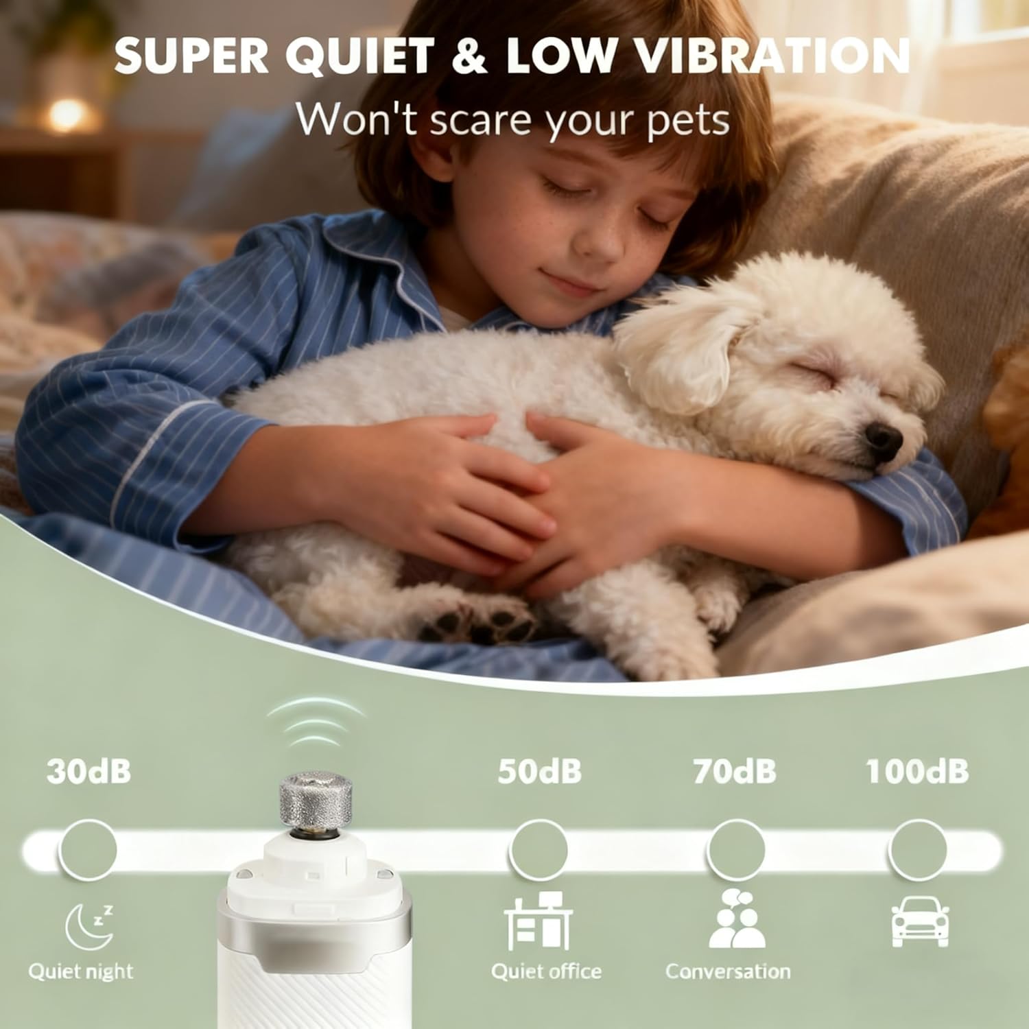 Silent Pet Nail Grinder Pro, Cordless Grooming Pro Nail Grinder with 3 Adjustable Speeds & Led Light, Painless Paws Grooming for Small Medium Large Dogs & Cats(1+2*Replacement Head)