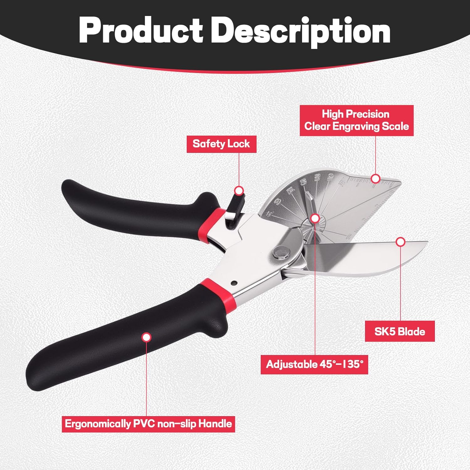 Multi Angle Miter Shears for Moulding and Trim, Quarter Round Cutting Tool for Cutting Soft Wood, Plastic, PVC, Adjust at 45-135 Degree Multi-Angle, Hand Tools with 1pc Extra Blade