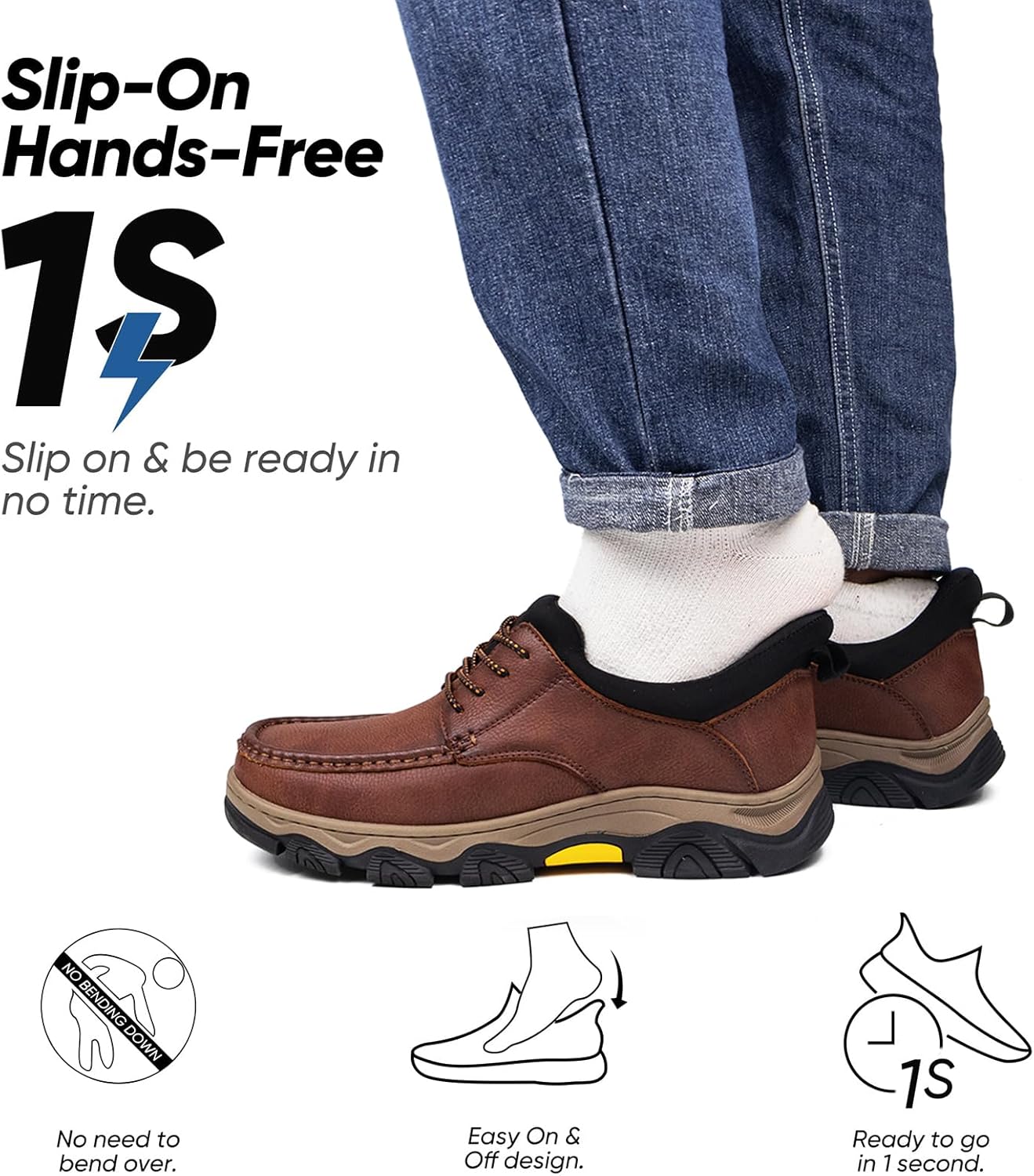 UPIShi Men's Slip On Hands Free Leather Walking Loafers Slip-Ins Casual Dress Work Office Business Outdoor Cushioning Shoes - Image 3